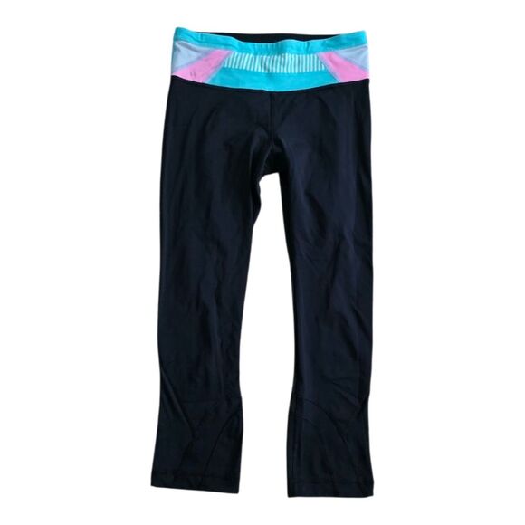 Lululemon Black Run Inspire II Colorful Waistband Cropped Leggings 4 - Picture 1 of 4